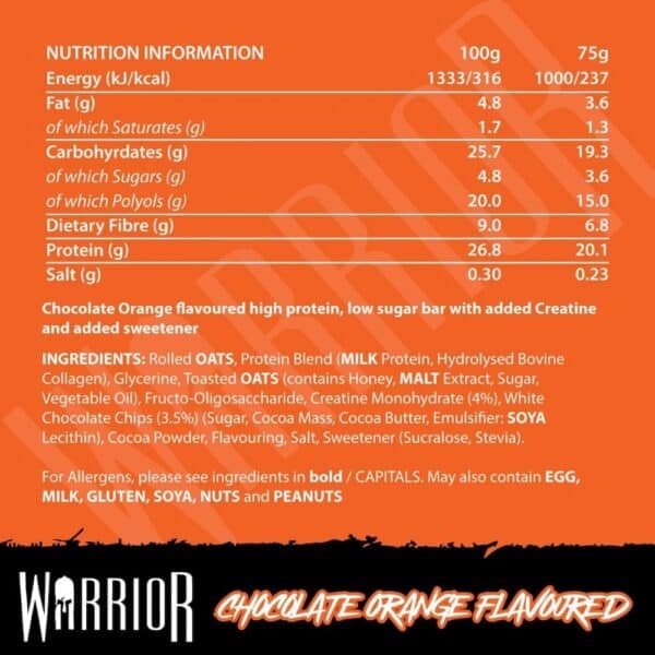 Chocolate Orange Warrior Creatine Protein Bar Nutrition Info 75g