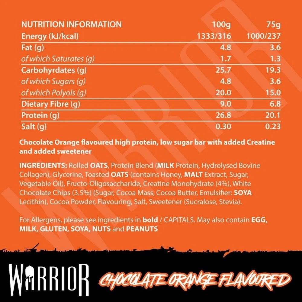 Chocolate Orange Warrior Creatine Protein Bar Nutrition Info 75g Chocolate Orange Warrior Creatine Protein Bar Nutrition Info 75g