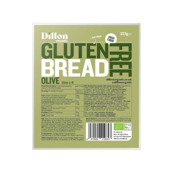 Olive Gluten Free Bread Dillon Organic 275g