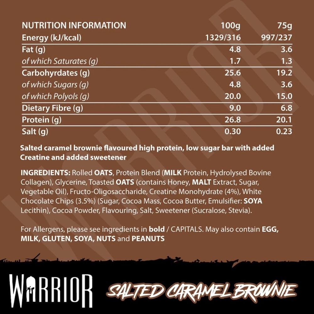 Salted Caramel Brownie Warrior Creatine Protein Bar Nutrition Info 75g Salted Caramel Brownie Warrior Creatine Protein Bar Nutrition Info 75g