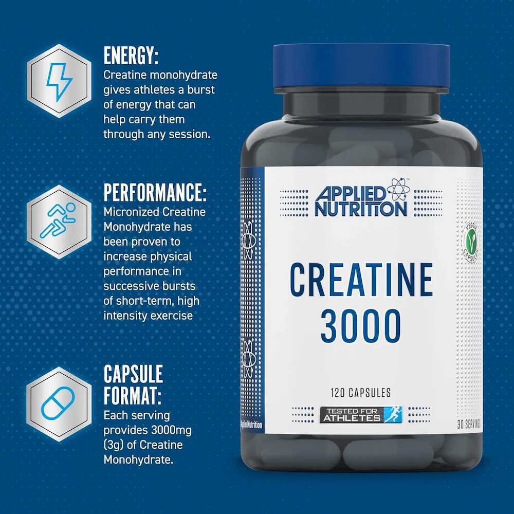 Creatine Monohydrate 3000 Applied Nutrition New Info 120 Capsules