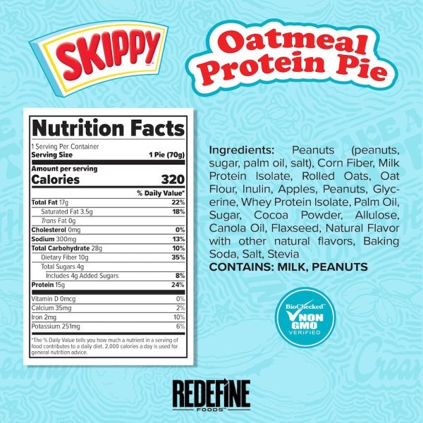 Chocolate Peanut Butter Redefine Foods Oatmeal Protein Pie Info 70g