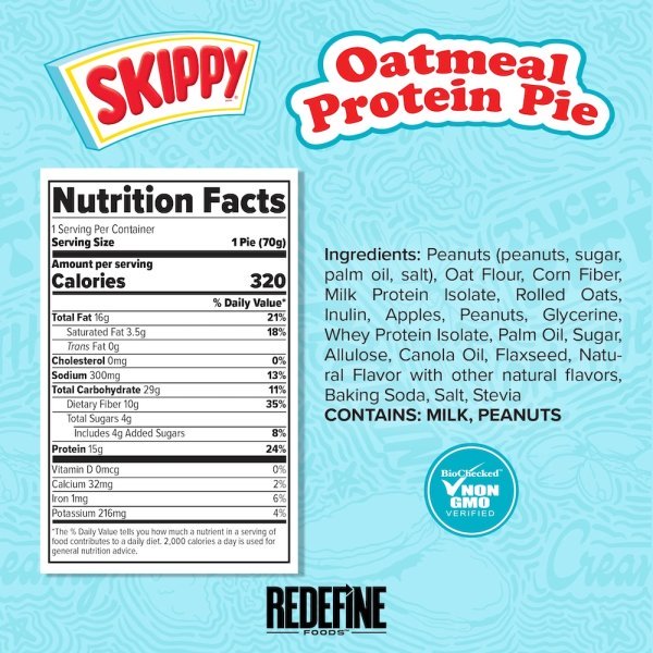 Peanut Butter Redefine Foods Oatmeal Protein Pie Info 70g