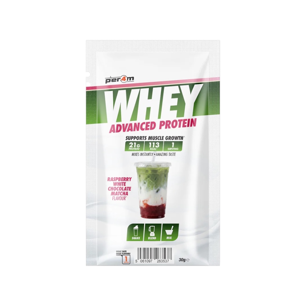 Raspberry White Chocolate Matcha Per4m Better Whey Advanced Protein Sachet 30g