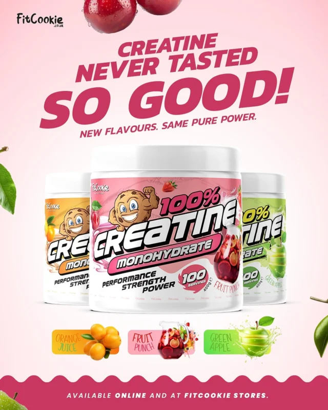 New Flavoured Creatine Just Dropped!
You asked, we listened — our FitCookie Creatine now comes in three refreshing flavours:
Fruit Punch, Green Apple, and Orange Juice.

Same trusted formula, now with a tasty twist to make your routine even better.

Which flavour are you trying first?

#fitcookieuk #fitcookie #creatinemonohydrate #newproduct #performance #strentgh #newarrival
